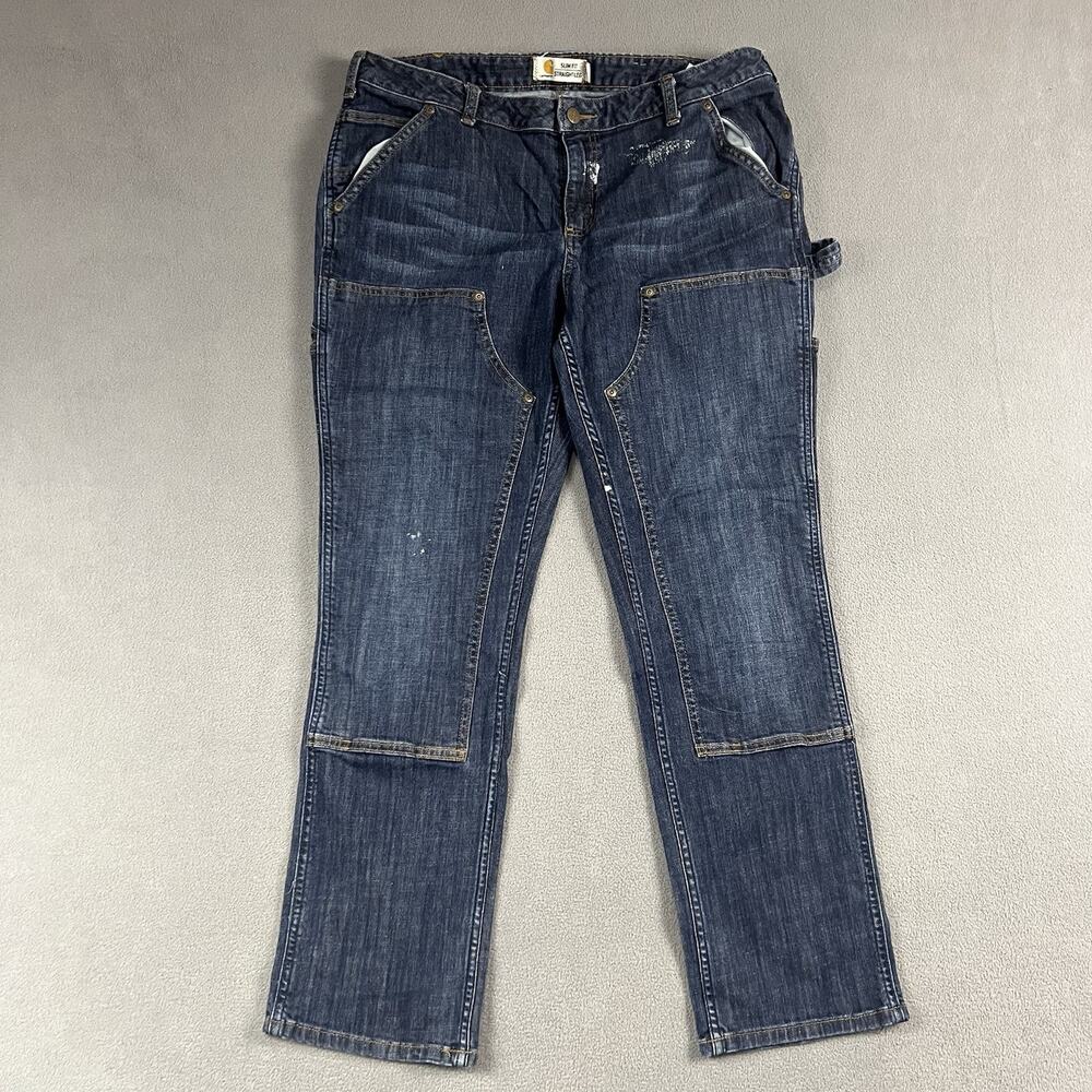 Carhartt Pants Womens 16 Short Blue Double Knee Denim Carpenter Workwear